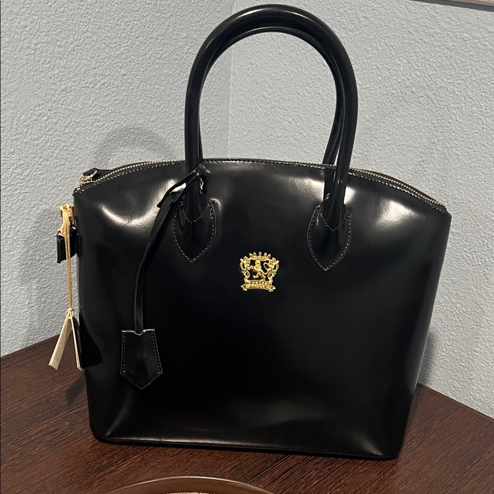 Pratesi Ferenze Black Leather Satchel with Gold Emblem made in Italy.